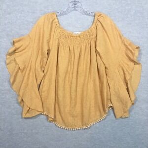 Regenbogen S Goldenrod Fairy Blouse Flutter Bell Sleeve Pleated Boho Hippie FLAW